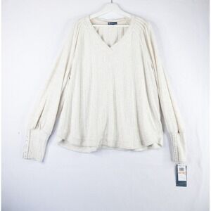 Democracy V-Neck Ribbed Top Women 2X Cream NEW Rhinestone Cuff Shirt Casual